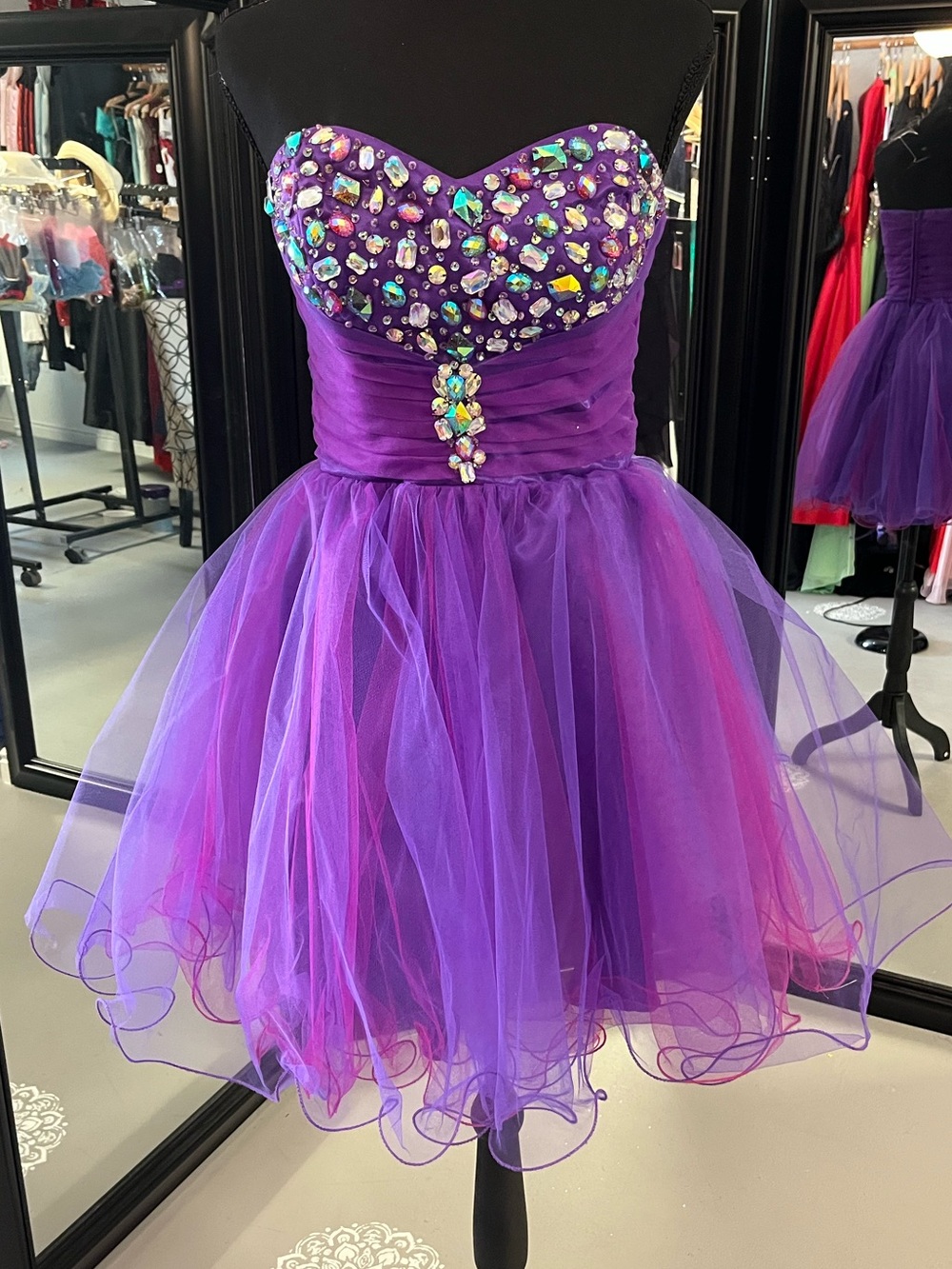 Deb Purple Strapless Jewel-Embellished Tulle Prom Dress